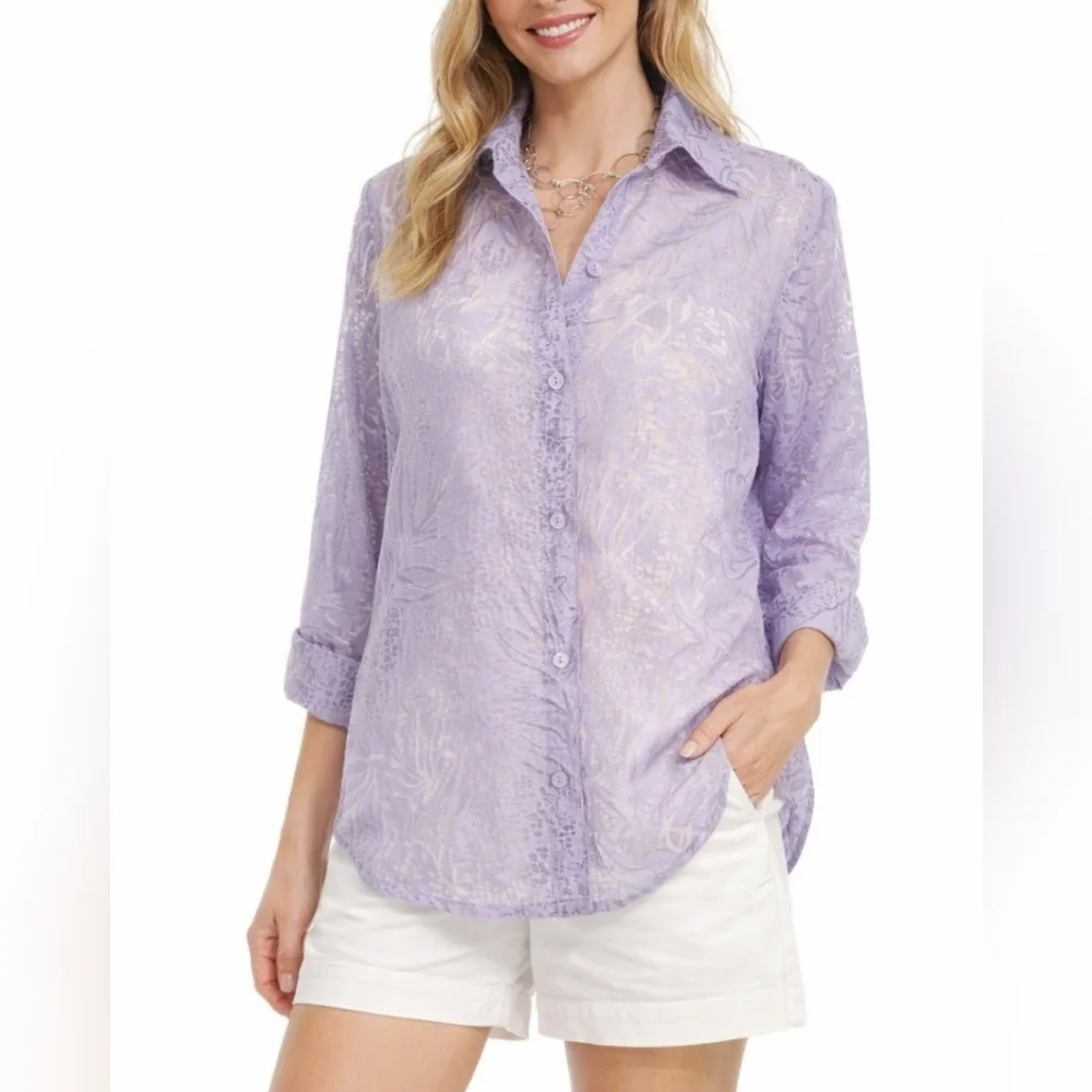 Alfred Dunner Purple Sheer Burnout Button Front Blouse Women’s Size 14 Floral - Picture 1 of 11